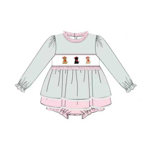 ( Moq 5 ) Preorder Baby Girls Long Sleeves Dogs Hearts Valentine Ruffle Bubble Romper