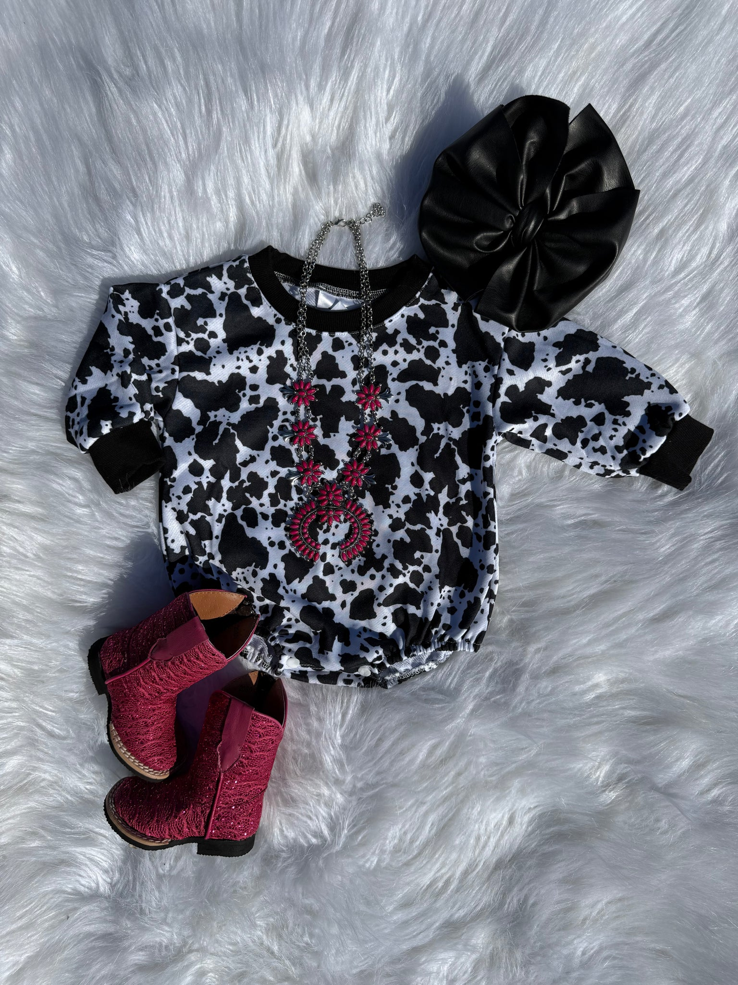 ( Moq 5 ) Preorder Baby Kids Infant Long Sleeves Western Cow Print Bubble Romper