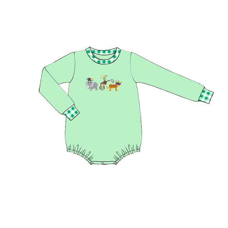 ( Moq 5 ) Preorder Baby Boys Long Sleeves Animals Mardi Gras Bubble Green Romper