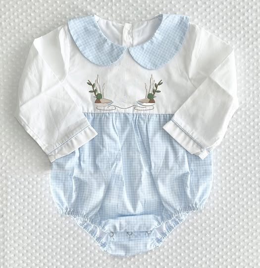 ( Moq 5 ) Preorder Baby Kids Toddler Long Sleeves Ducks Blue Plaid Bubble Romper