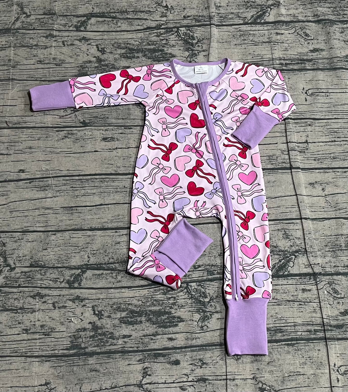 Baby Girls Long Sleevses Hearts Bows Valentine Purple Zipper Sleeper Romper RTS