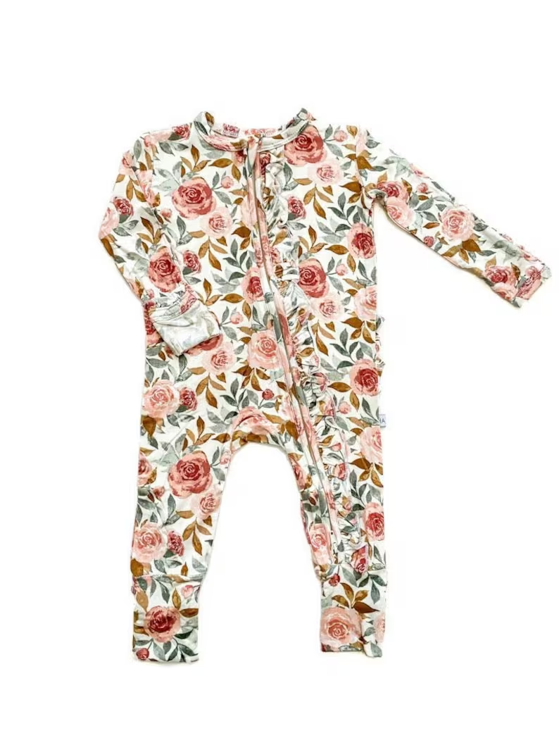 ( Moq 5 ) Preorder Baby Girls Flower Long Sleeves Ruffle Zipper Sleeper Romper