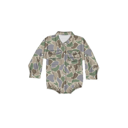 ( Moq 5 ) Preorder Baby Boys Long Sleeves Ducks Deer Dogs Camo Pockets Buttons Romper