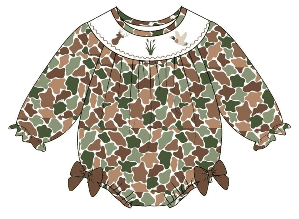 ( Moq 5 ) Preorder Baby Girls Long Sleeves Ducks Deer Camo Bows Bubble Romper