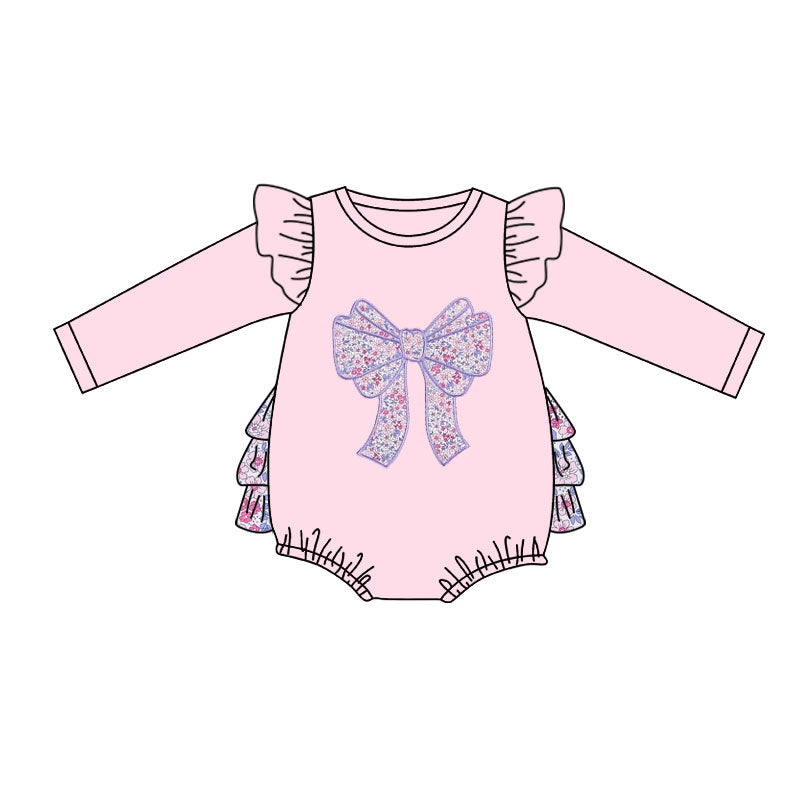 ( Moq 5 ) Preorder Baby Girls Pink Long Sleeves Floral Bow Ruffle Bubble Romper
