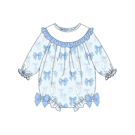 ( Moq 5 ) Preorder Baby Girls Long Sleeves Blue Bows Ruffle Bubble Romper