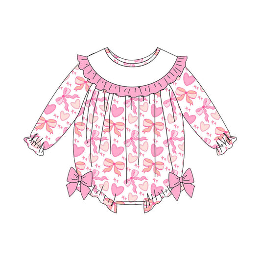 ( Moq 5 ) Preorder Baby Girls Long Sleeves Pink Bows Hearts Valentine Ruffle Romper