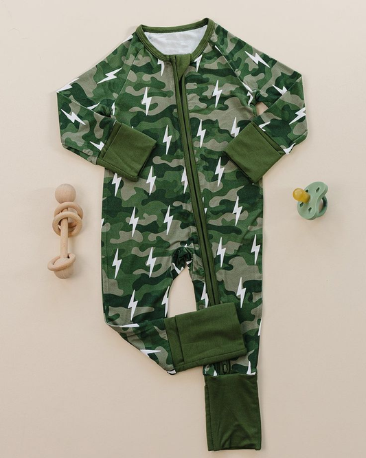 ( Moq 5 ) Preorder Baby Boys Long Sleeves Green Camo Zipper Footie Sleeper Romper