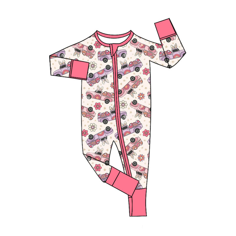 ( Moq 5 ) Preorder Baby Girls Long Sleeves Trucks Eggs Flower Easter Zipper Sleeper Romper