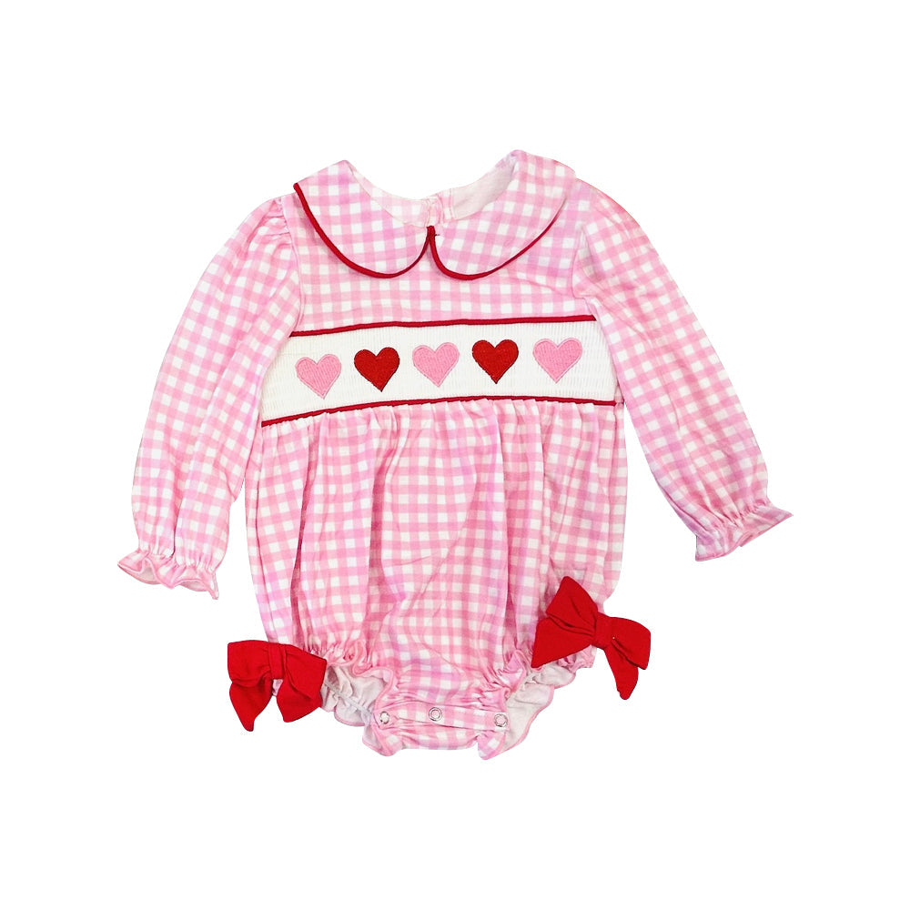 ( Moq 5 ) Preorder Baby Girls Long Sleeves Hearts Bows Plaid Valentine Bubble Romper