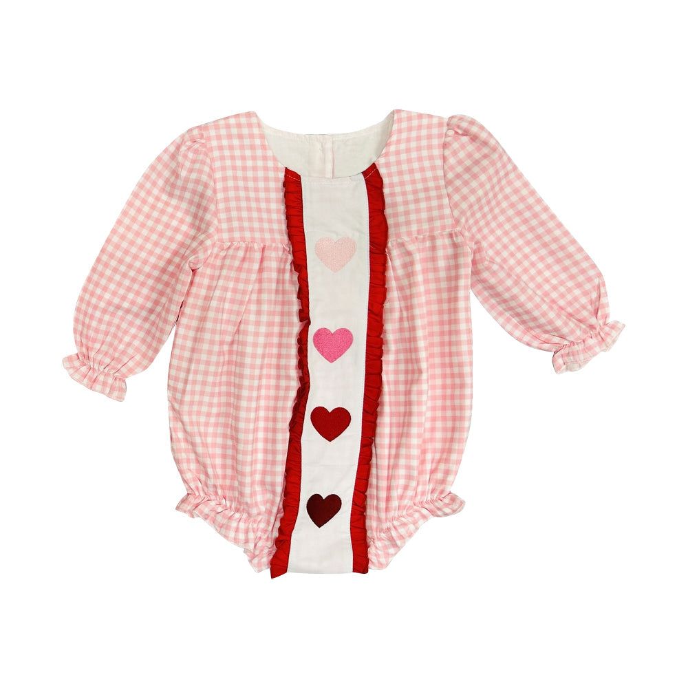 ( Moq 5 ) Preorder Baby Girls Long Sleeves Hearts Plaid Valentine Bubble Romper