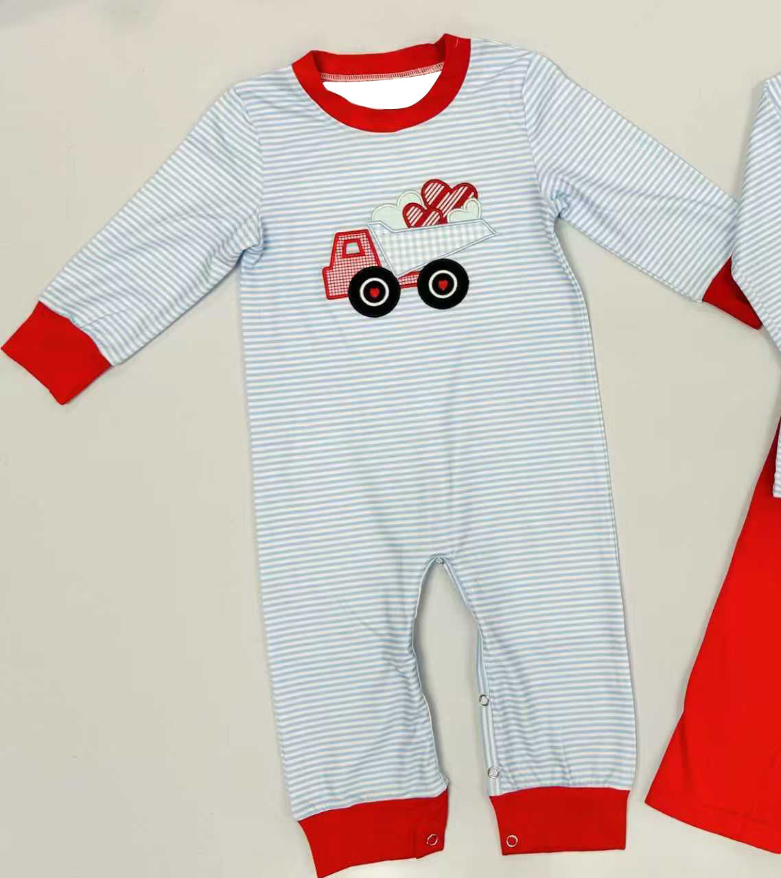 ( Moq 5 ) Preorder Baby Boys Long Sleeves Hearts Truck Blue Stripes Valentine Romper