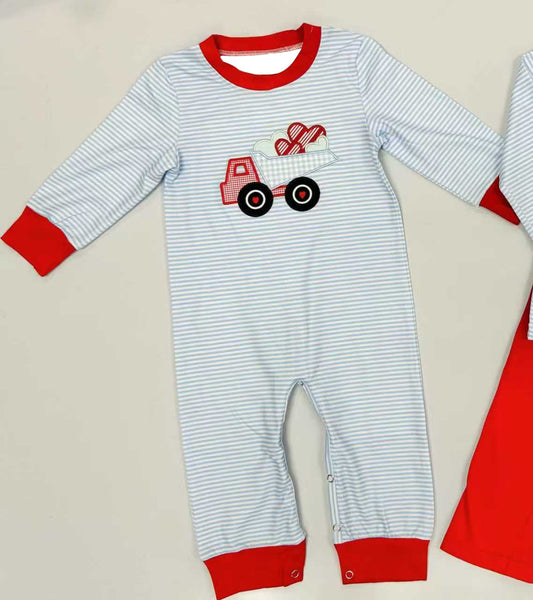 ( Moq 5 ) Preorder Baby Boys Long Sleeves Hearts Truck Blue Stripes Valentine Romper