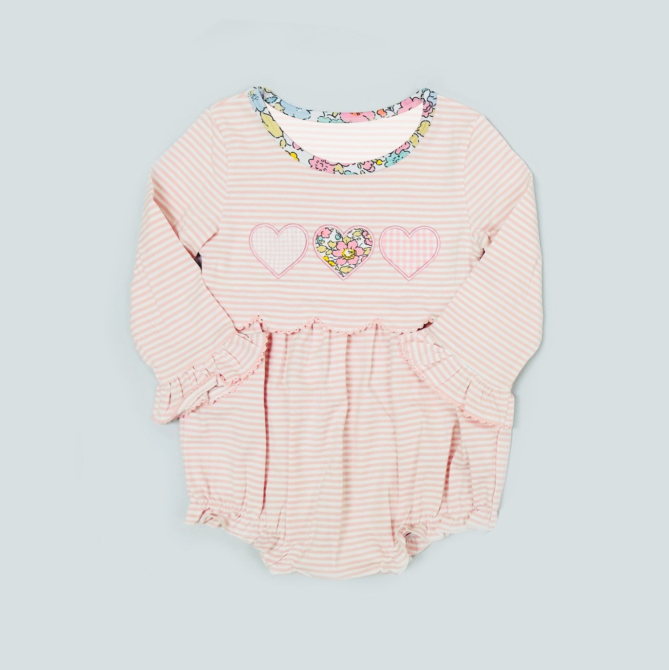 ( Moq 5 ) Preorder Baby Girls Long Sleeves Floral Hearts Stripes Valentine Bubble Romper