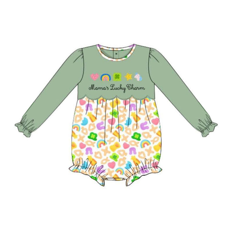 ( Moq 5 ) Preorder Baby Girls Long Sleeves Mama's St. Patrick Clovers Bubble Romper