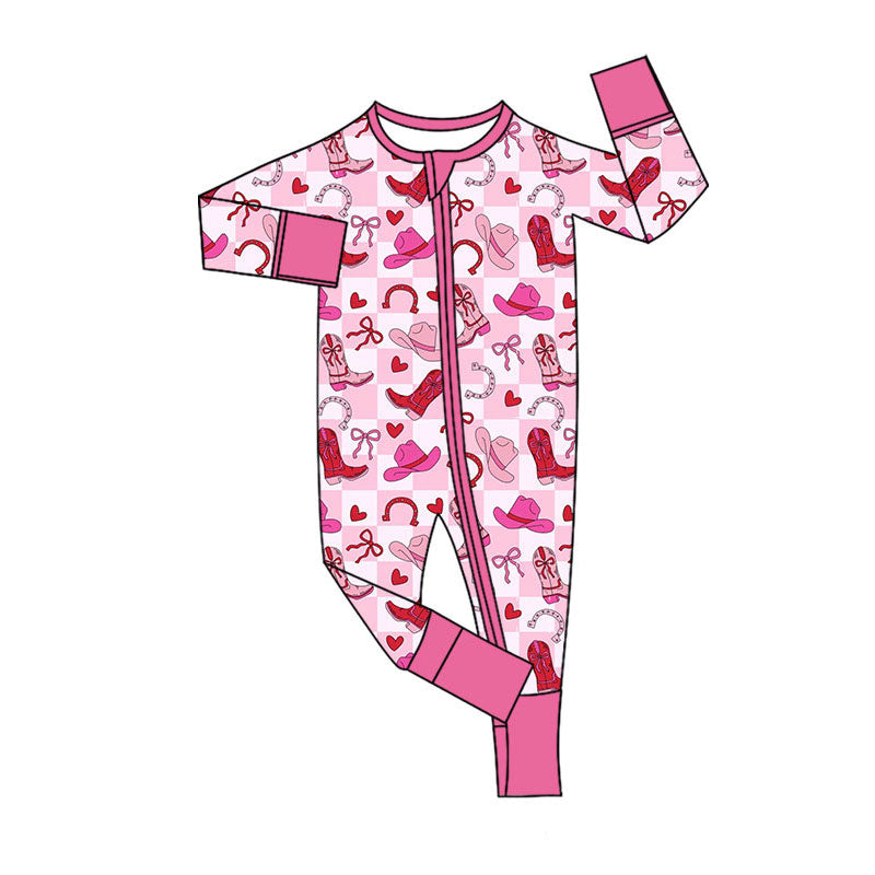 ( Moq 5 ) Preorder Baby Girls Boots Hearts Checked Zipper Valentine Footie Sleeper Pink Romper