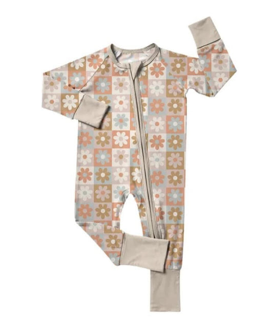 ( Moq 5 ) Preorder Baby Girls Long Sleeves Flower Plaid Zipper Footie Sleeper Romper