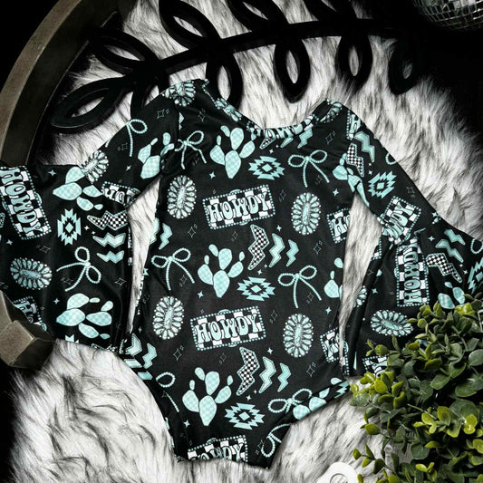 ( Moq 5 ) Preorder Baby Girls Infant Long Sleeves Howdy Turquoises Bows Western Bubble Romper