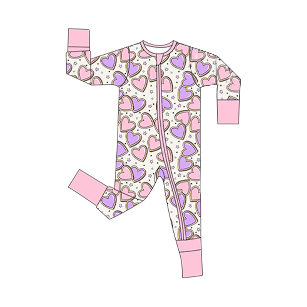 ( Moq 5 ) Preorder Baby Girls Long Sleeves Hearts Pink Zipper Sleeper Valentine Romper