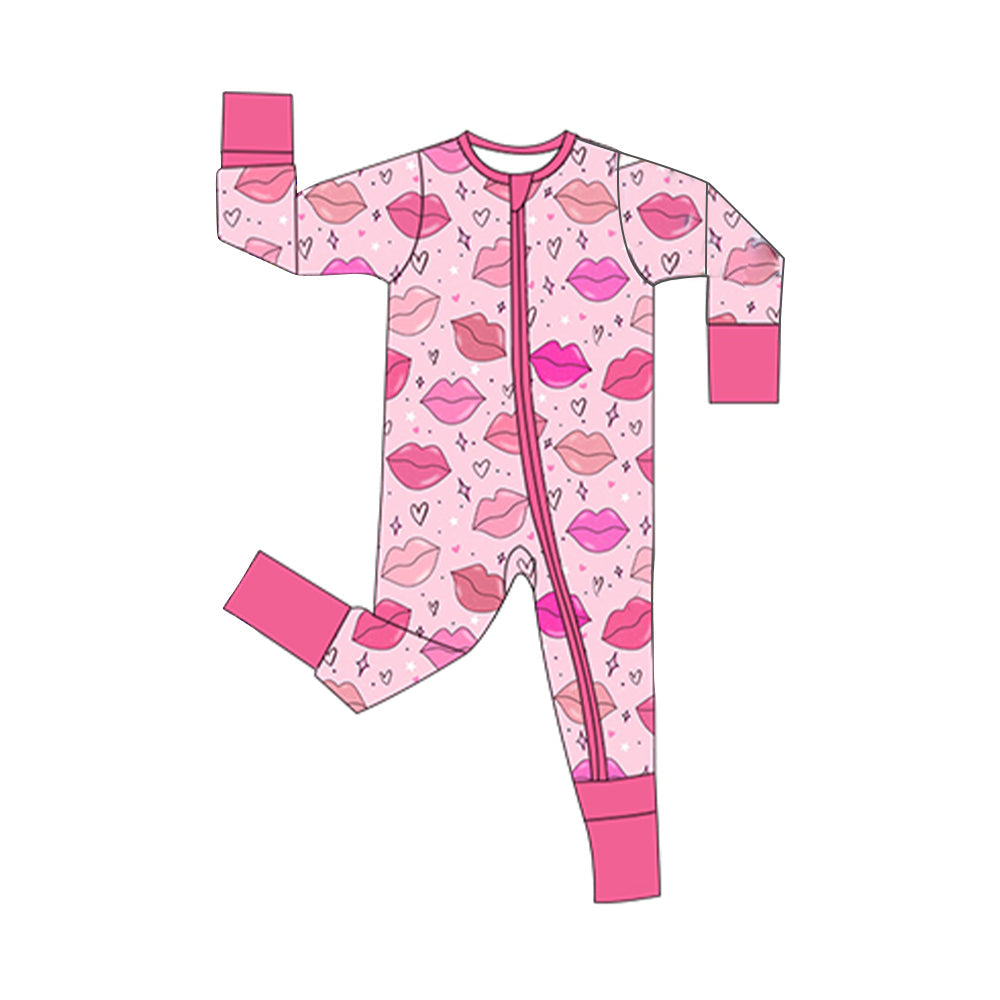 ( Moq 5 ) Preorder Baby Girls Long Sleeves Hearts Mouths Zipper Footie Sleeper Valentine Romper