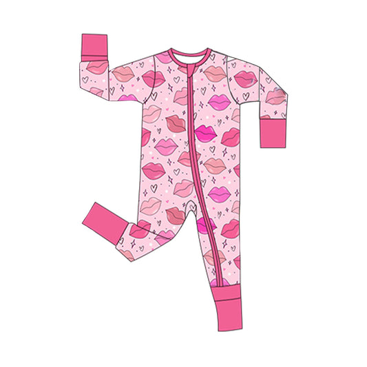 ( Moq 5 ) Preorder Baby Girls Long Sleeves Hearts Mouths Zipper Footie Sleeper Valentine Romper
