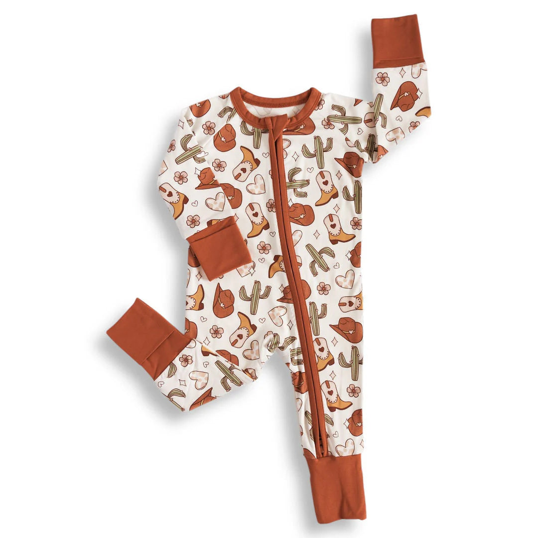 ( Moq 5 ) Preorder Baby Girls Long Sleeves Cactus Boots Hearts Western Zipper Sleeper Romper