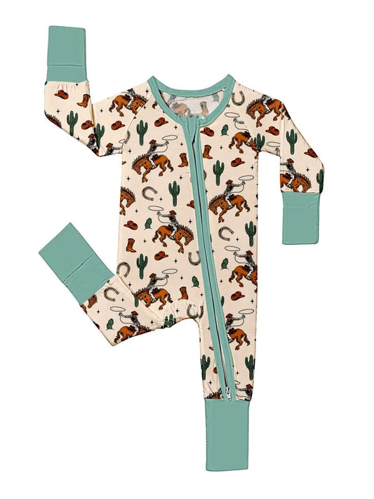 ( Moq 5 ) Preorder Baby Boys Long Sleeves Rodeo Cactus Green Zipper Sleeper Western Romper
