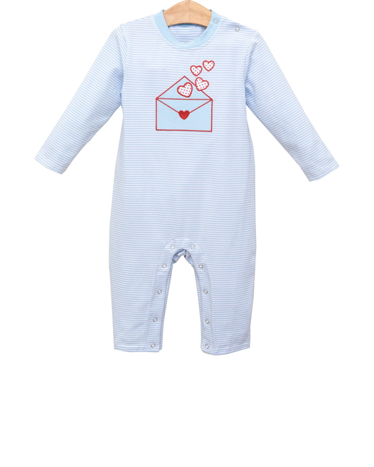 ( Moq 5 ) Preorder Baby Boys Long Sleeves Hearts Letter Valentines Blue Stripes Romper