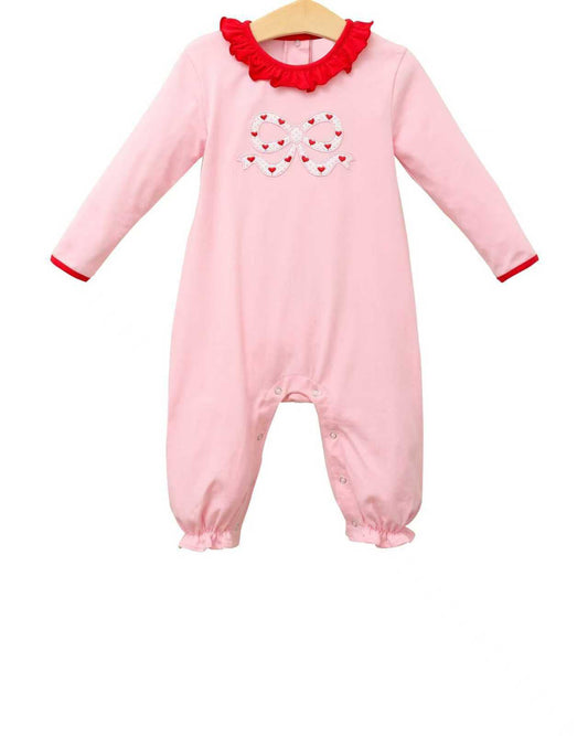 ( Moq 5 ) Preorder Baby Girls Pink Long Sleeves Hearts Bows Valentines Ruffle Romper