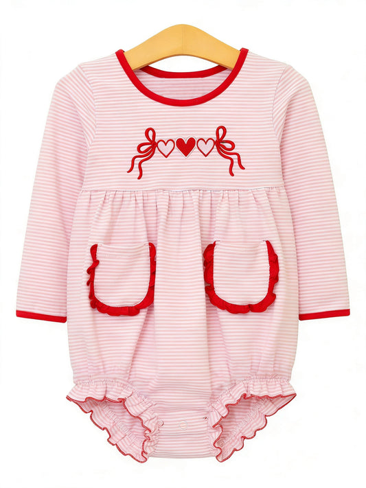 ( Moq 5 ) Preorder Baby Girls Hearts Bows Pockets Stripes Valentines Bubble Romper