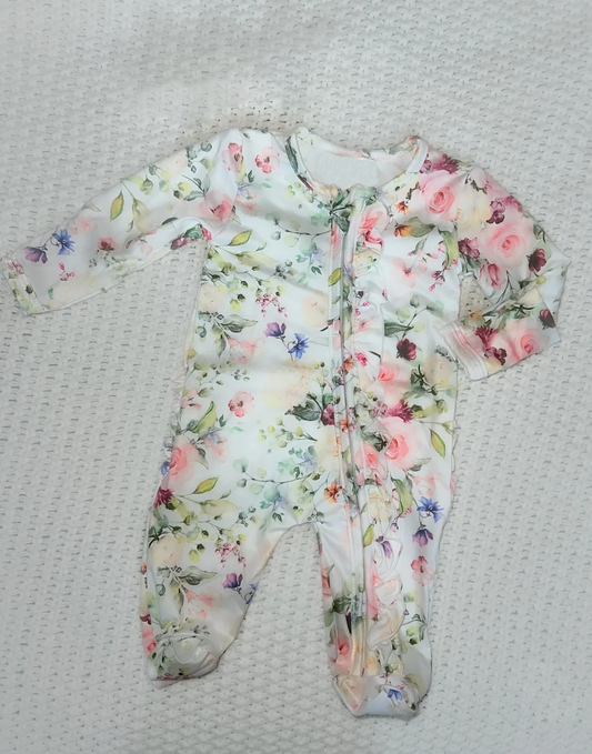 ( Moq 5 ) Preorder Baby Girls Long Sleeves Flowers Ruffle Zipper Footie Romper
