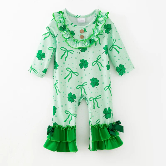 ( Moq 5 ) Preorder Baby Girls Infant Green Long Sleeves Bows Clovers St Patrick Ruffle Romper