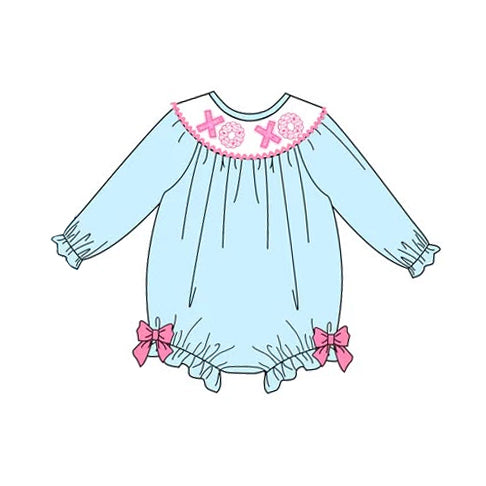( Moq 5 ) Preorder Baby Girls Infant XOXO Bows Valentines Blue Bubble Romper
