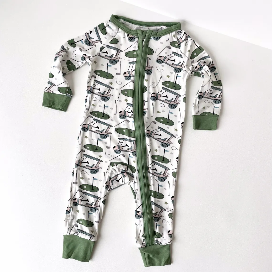 ( Moq 5 ) Preorder Baby Boys Long Sleeves Golf Trucks Green Zipper Sleeper Romper