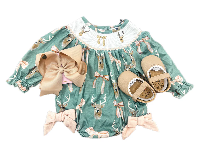 ( Moq 5 ) Preorder Baby Girls Infant Long Sleeves Deer Bows Green Bubble Romper
