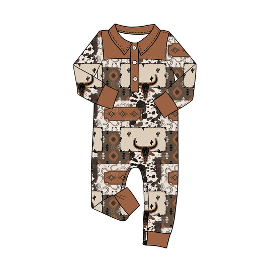 ( Moq 5 ) Preorder Baby Boys Infant Long Sleeves Cow Aztec Western Buttons Romper Clothes