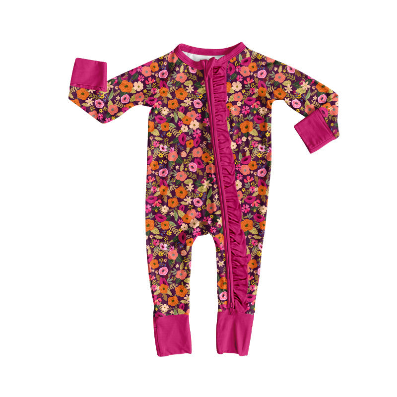 ( Moq 5 ) Preorder Baby Girls Infant Long Sleeves Flower Ruffle Zipper Sleeper Footie Romper