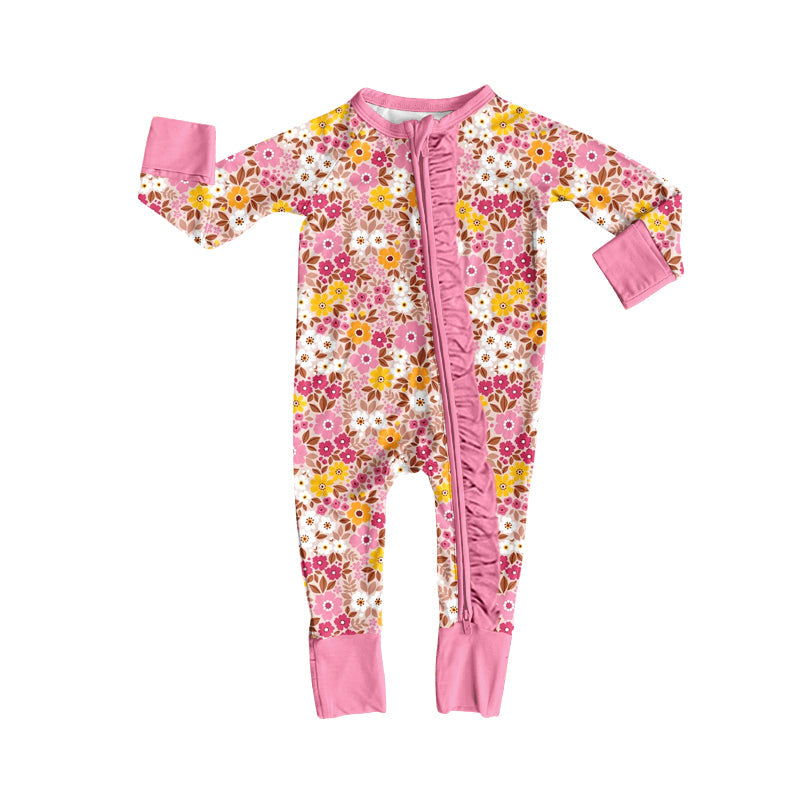 ( Moq 5 ) Preorder Baby Girls Infant Long Sleeves Flower Pink Ruffle Zipper Footie Romper