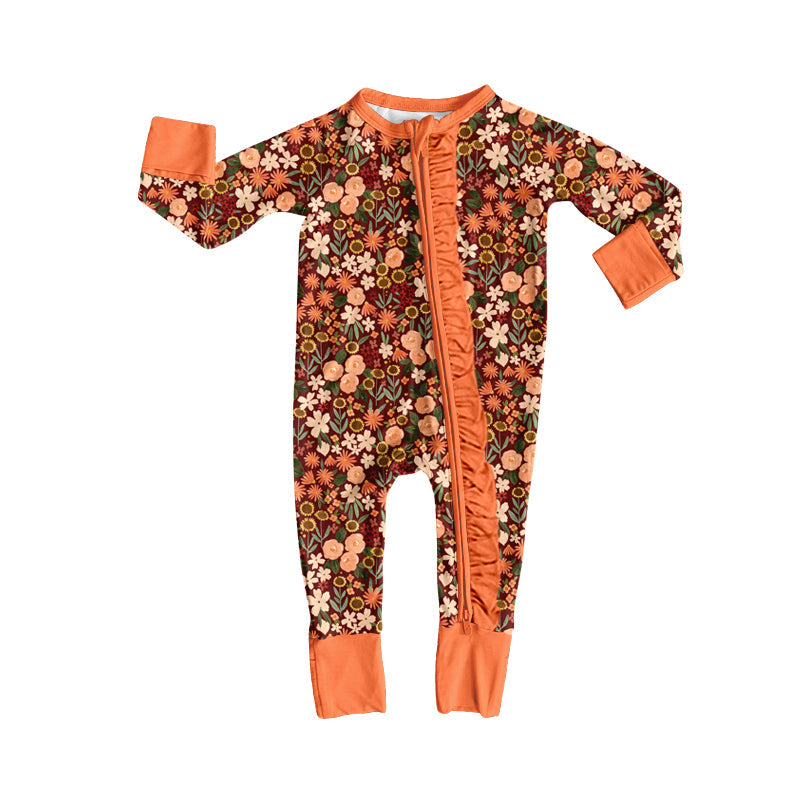 ( Moq 5 ) Preorder Baby Girls Infant Long Sleeves Flower Ruffle Zipper Fall Footie Romper