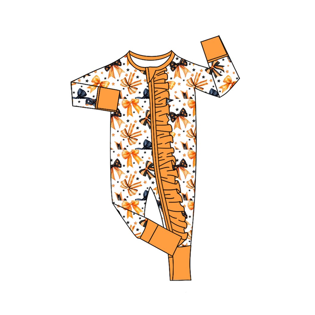 ( Moq 5 ) Preorder Baby Girls Infant Long Sleeves Halloween Bows Ruffle Zipper Footie Romper