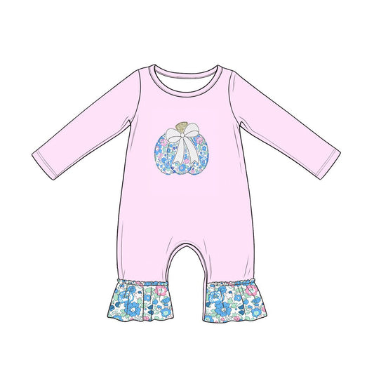 ( Moq 5 ) Preorder Baby Girls Infant Long Sleeve Pumpkin Bow Flower Ruffle Fall Romper