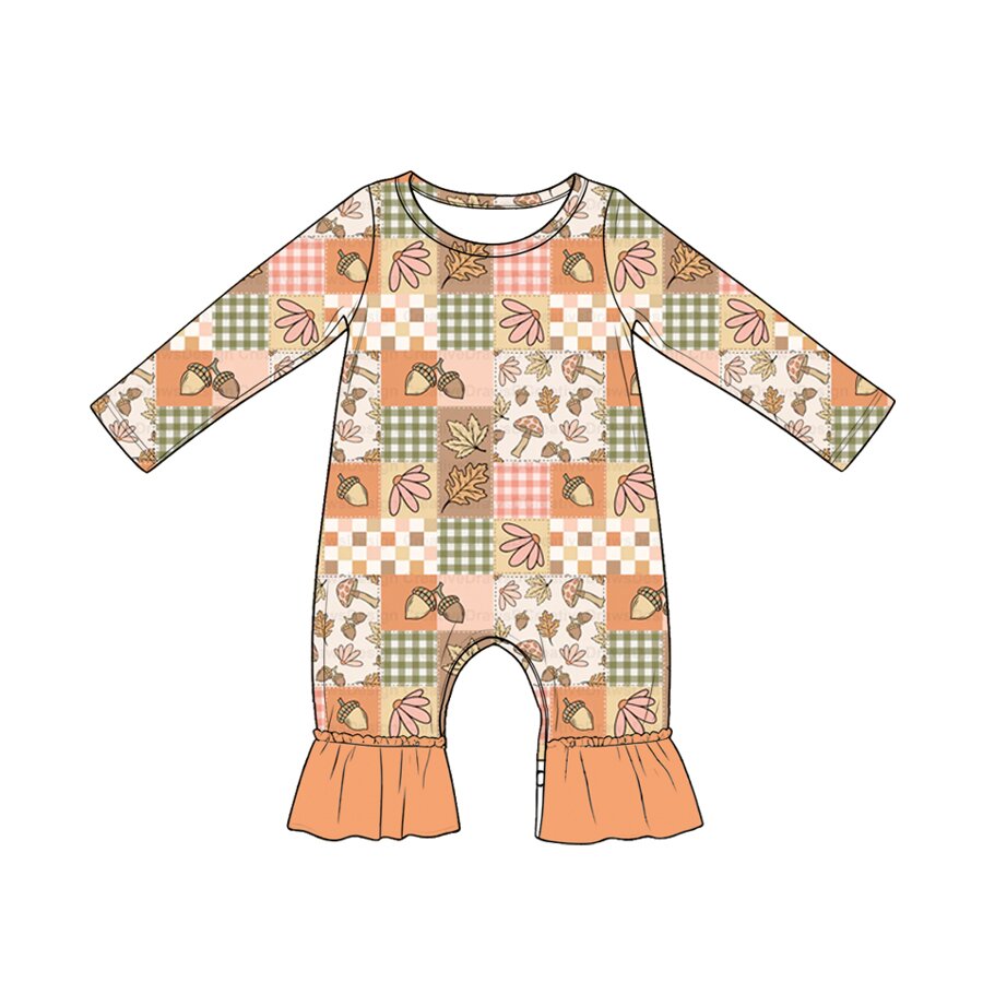 ( Moq 5 ) Preorder Baby Girls Infant Long Sleeves Flower Plaid Fall Ruffle Romper
