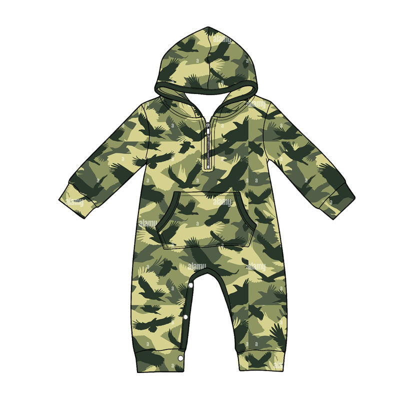 ( Moq 5 ) Preorder Baby Boys Infant Long Sleeves Ducks Camo Hoodie Zipper Pockets Romper