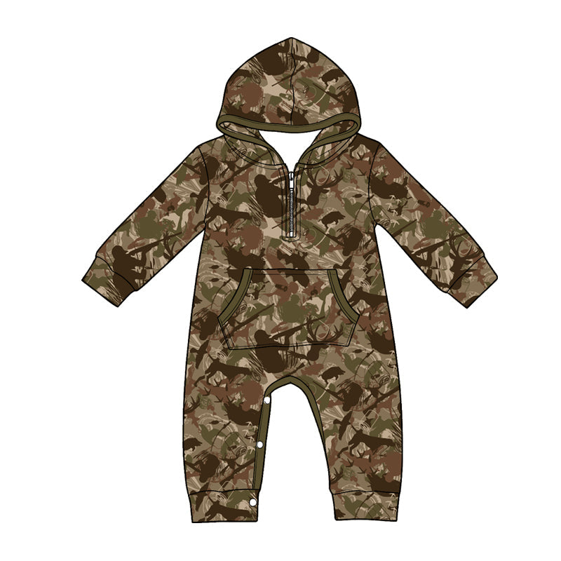 ( Moq 5 ) Preorder Baby Boys Infant Long Sleeves Leaves Hoodie Zipper Pockets Hunting Romper
