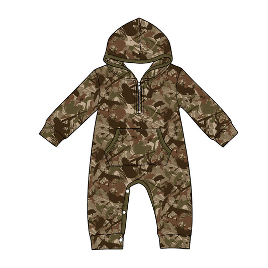 ( Moq 5 ) Preorder Baby Boys Infant Long Sleeves Leaves Hoodie Zipper Pockets Hunting Romper