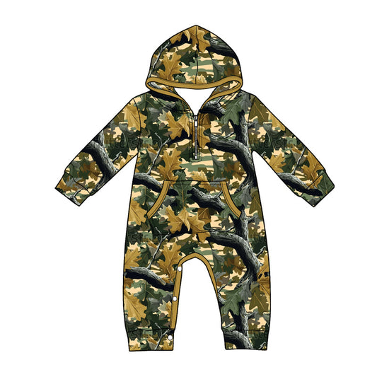 ( Moq 5 ) Preorder Baby Boys Infant Long Sleeves Leaves Hoodie Zipper Pockets Camo Romper