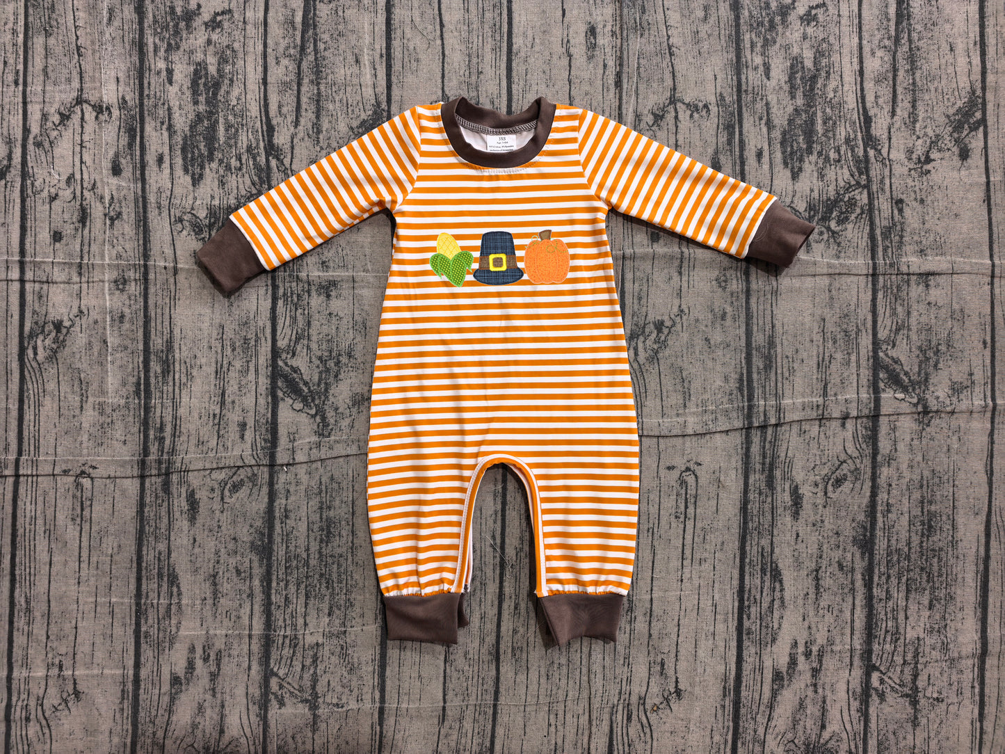 ( No moq ) Preorder Baby Boys Kids Embroidery Pumpkin Orange Stripes Fall Romper Clothes