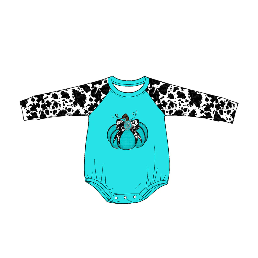 ( Moq 5 ) Preorder Baby Girls Kids Cow Print Long Sleeves Pumpkin Bows Green Romper Fall Clothes
