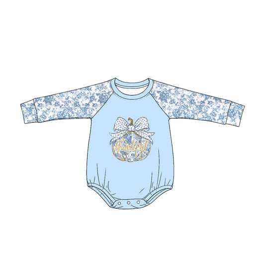 ( Moq 5 ) Preorder Baby Girls Kids Flower Long Sleeves Pumpkin Bows Thankful Blue Romper Fall Clothes