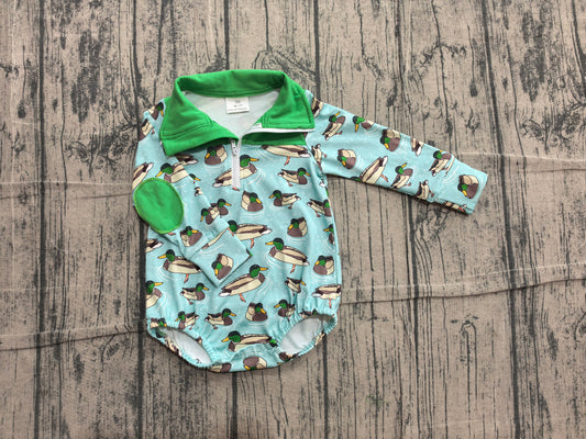 ( No moq ) Baby Boys Infant Long Sleeves Ducks Green Zipper Bubble Romper Clothes